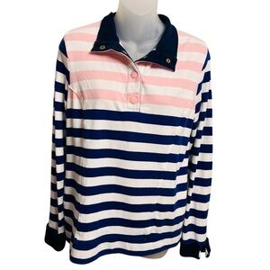 Crown & Ivy Harper Striped Long Sleeve Pullover Sweatshirt Size Medium Navy Blue